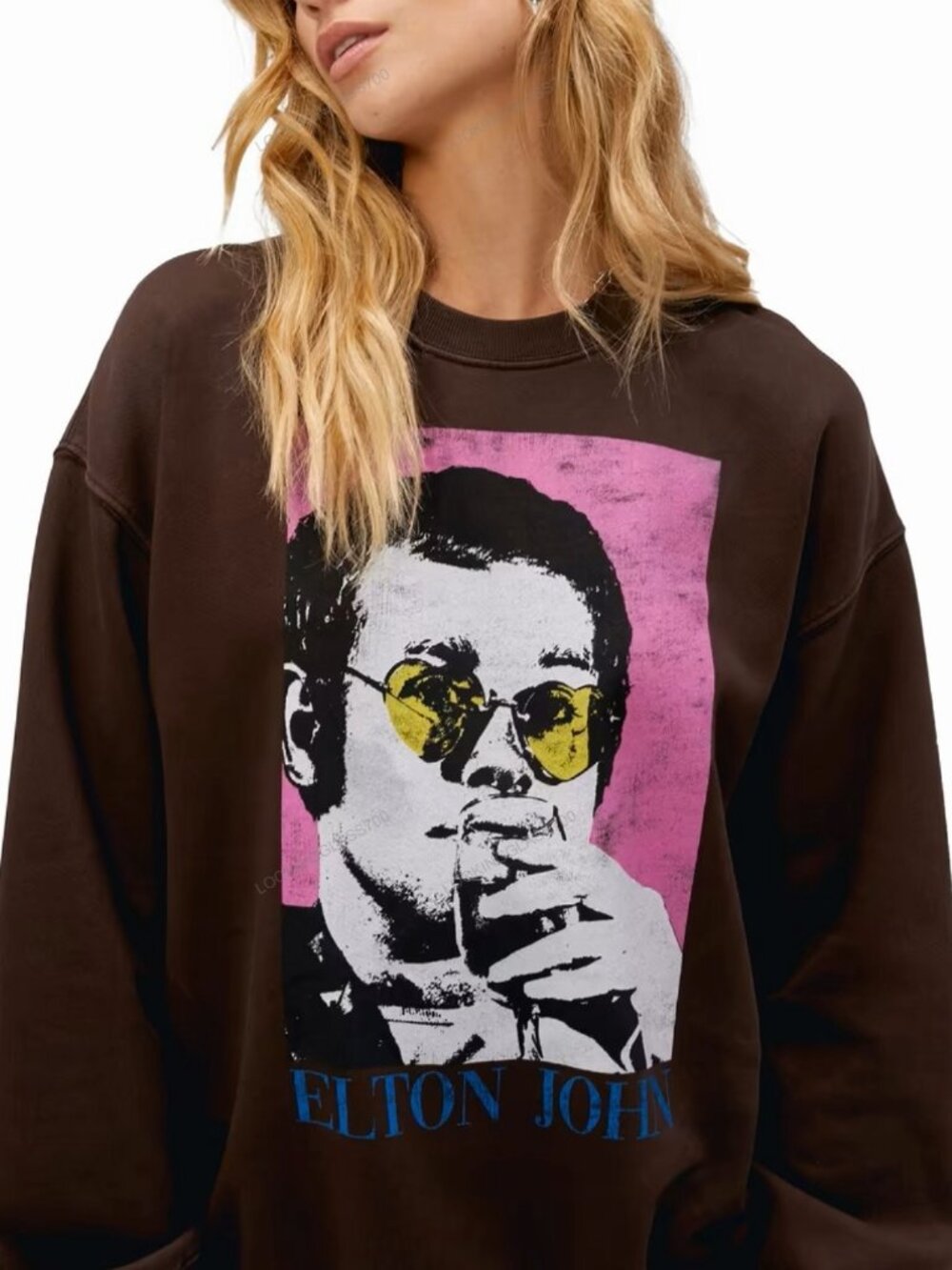 Daydreamer Elton John Heart Glasses Oversized Sweatshirt Brown M L XL NWT